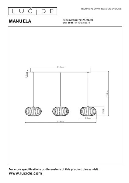 Lucide MANUELA - Pendant light - 3xE27 - Black - technical